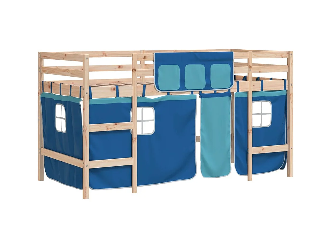 Lit simple-Lit mezzanine enfant avec rideaux sans matelas bleu 80x200cm