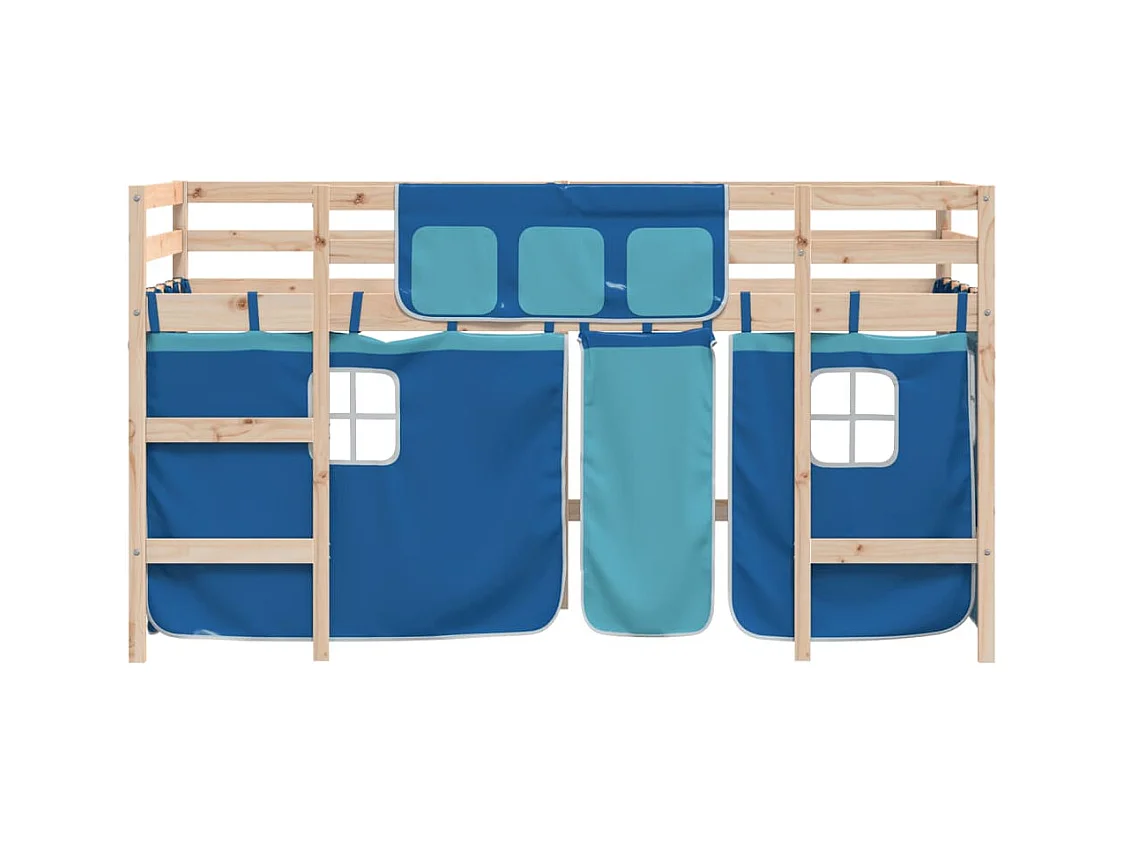Lit simple-Lit mezzanine enfant avec rideaux sans matelas bleu 80x200cm