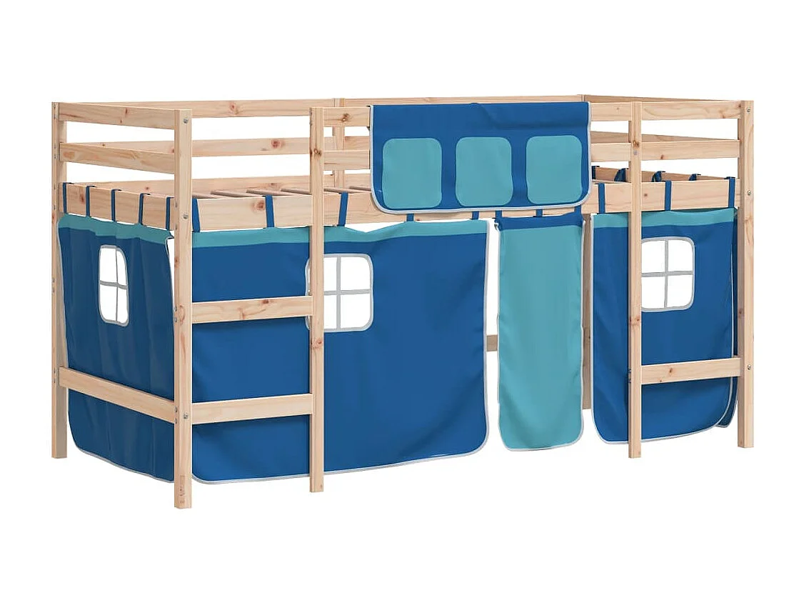 Lit simple-Lit mezzanine enfant avec rideaux sans matelas bleu 80x200cm