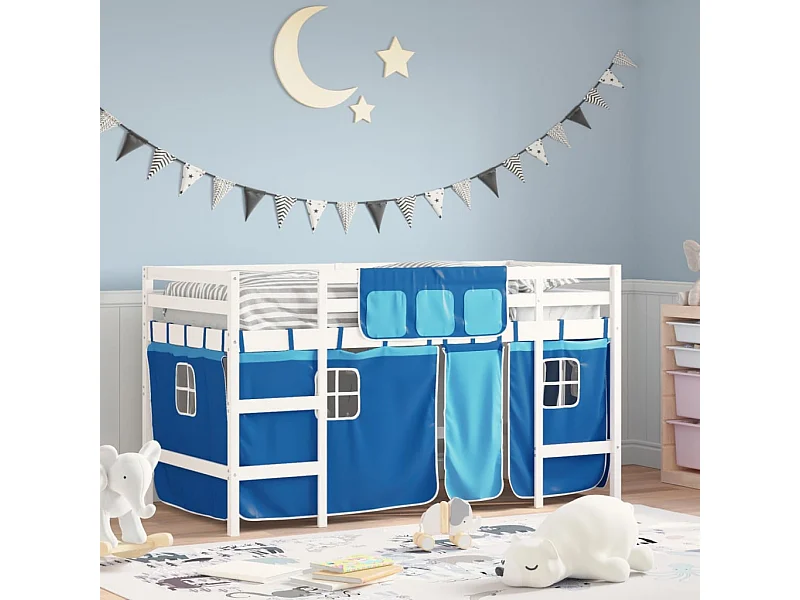 Lit simlpe-Lit mezzanine enfants avec rideaux sans matelas bleu 90x200cm