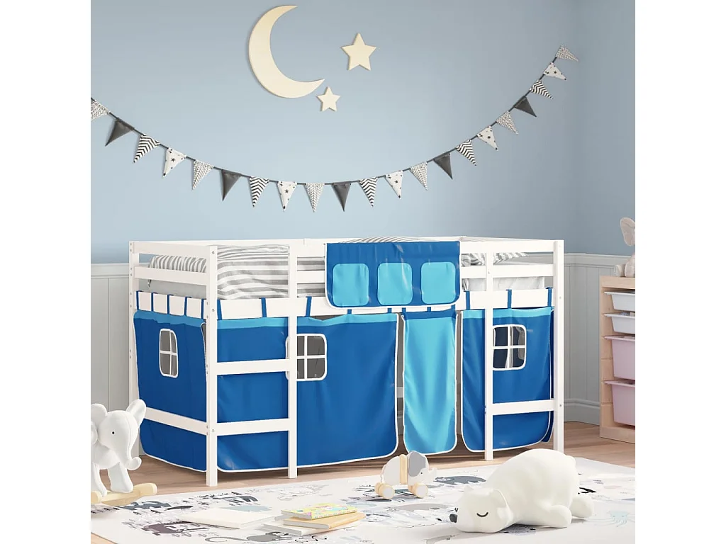 Lit simlpe-Lit mezzanine enfants avec rideaux sans matelas bleu 90x200cm