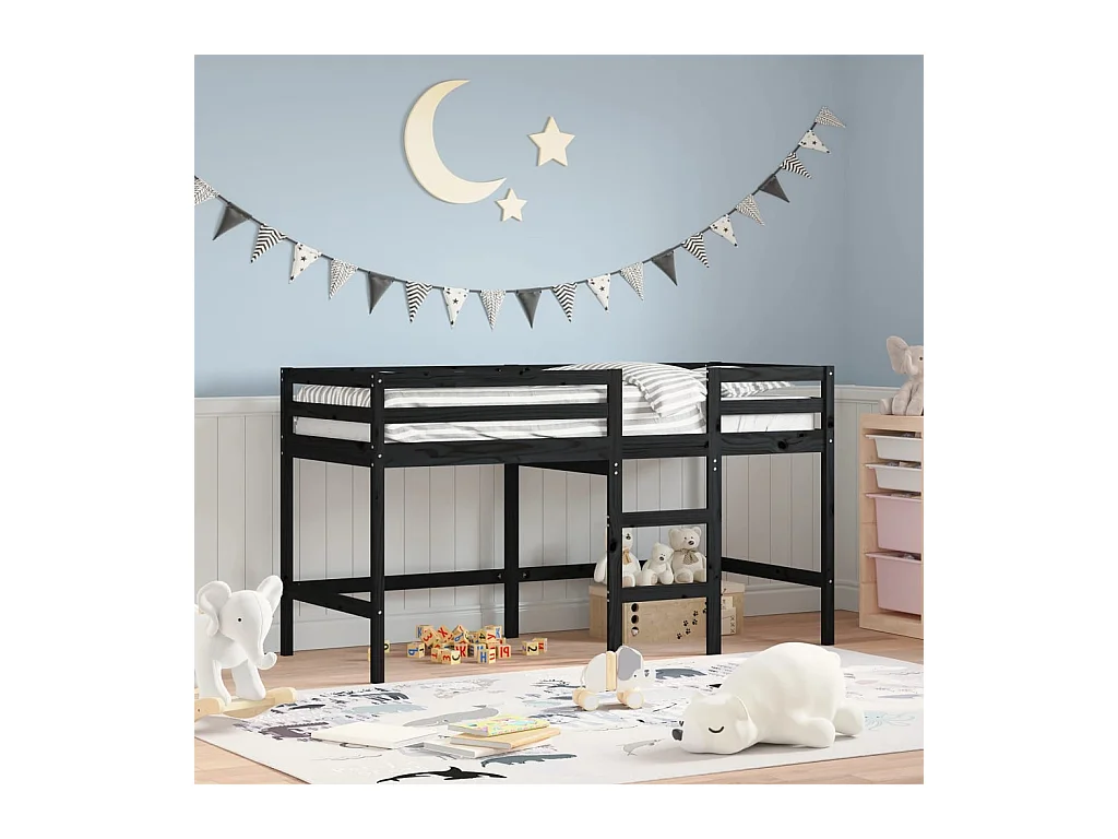 Lit simple-Lit mezzanine enfant sans matelas avec échelle noir 80x200cm