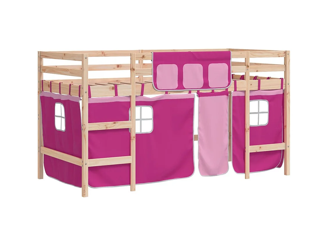 Lit simple-Lit mezzanine enfant avec rideaux sans matelas rose 80x200cm