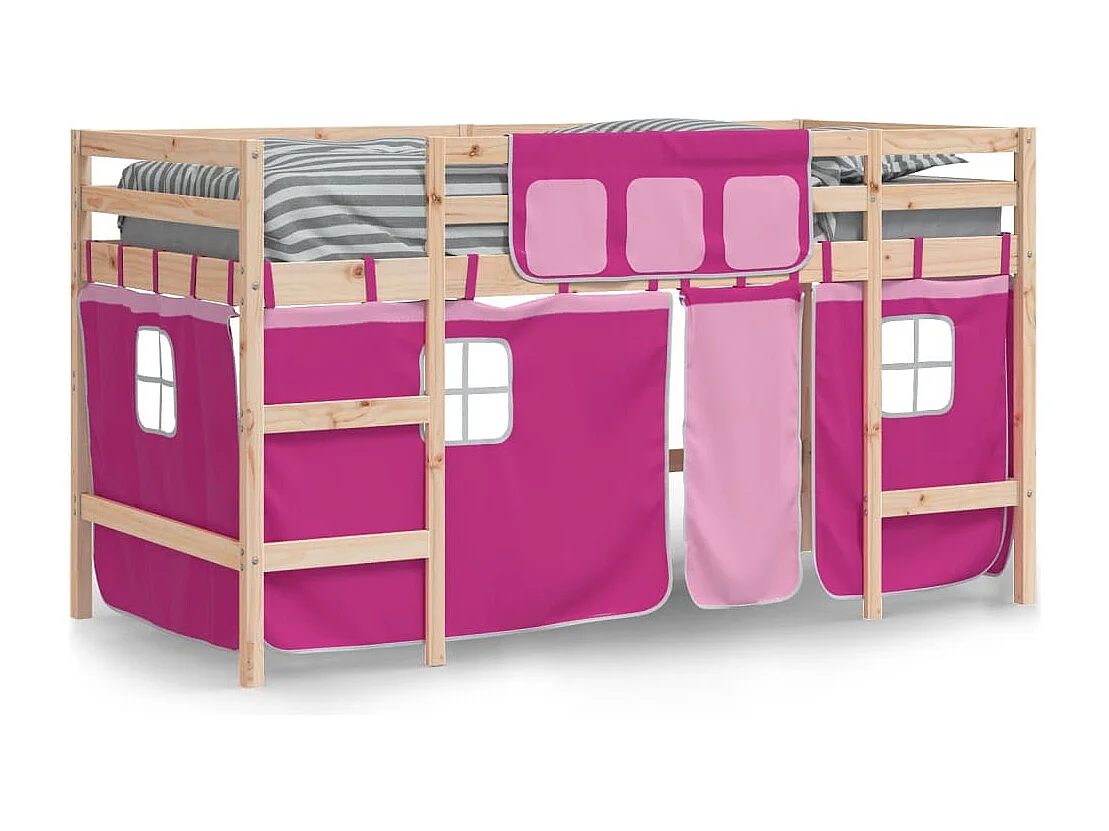 Lit simple-Lit mezzanine enfant avec rideaux sans matelas rose 80x200cm