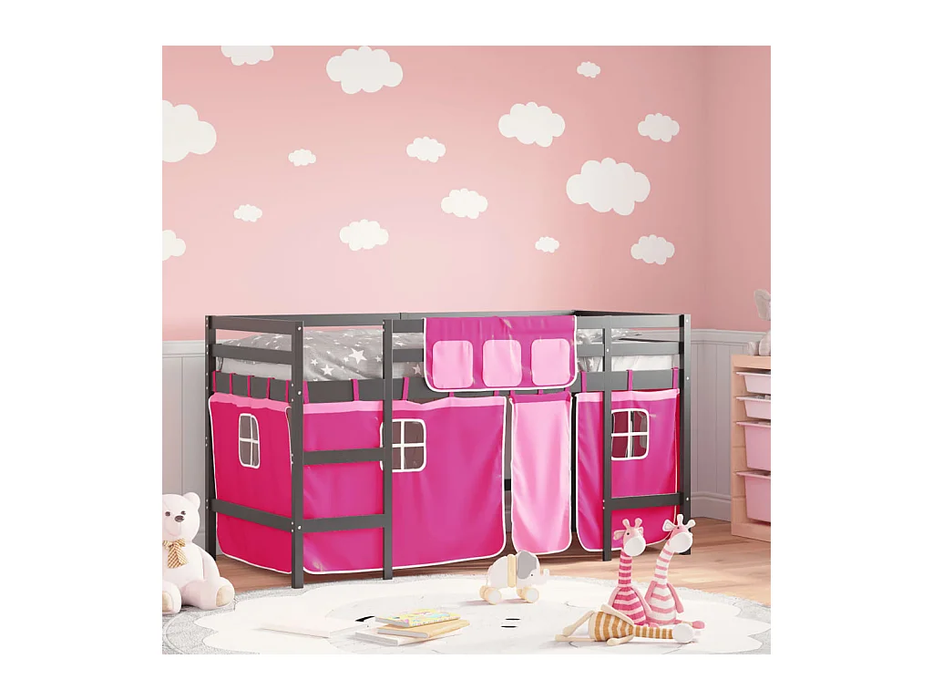 Lit simlpe-Lit mezzanine enfants avec rideaux sans matelas rose 90x200cm