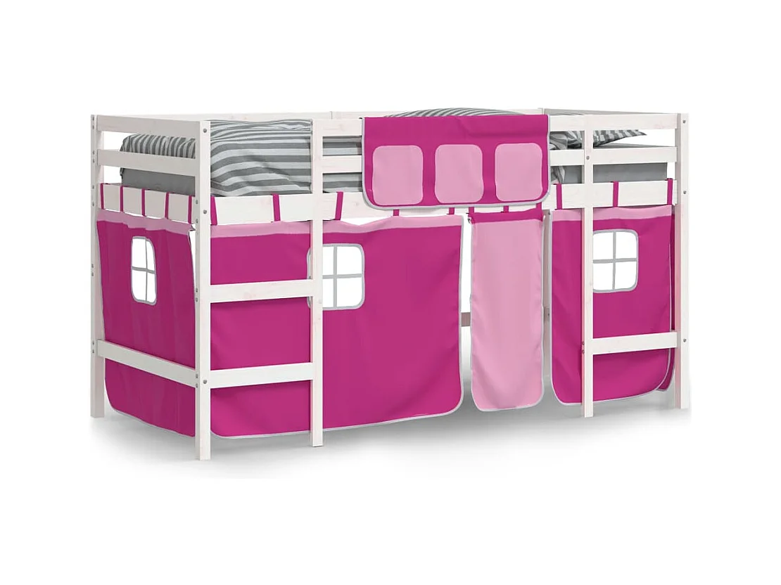 Lit simple-Lit mezzanine enfant avec rideaux sans matelas rose 80x200cm