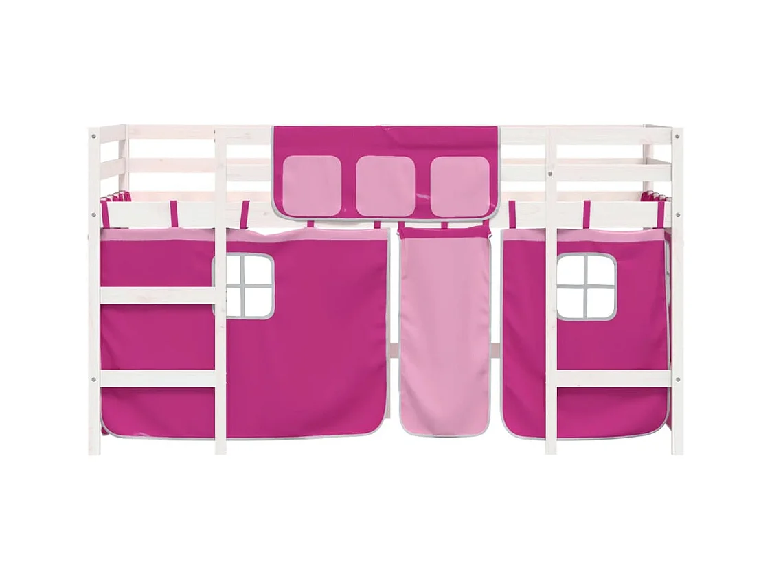 Lit simple-Lit mezzanine enfant avec rideaux sans matelas rose 80x200cm