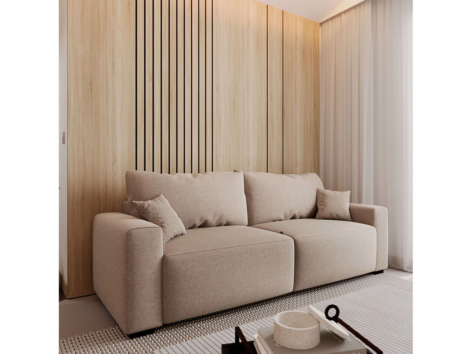 Sofá cama 3 plazas Fini Moderno Beige 234x90,5x99 cm con 2 cojines tela