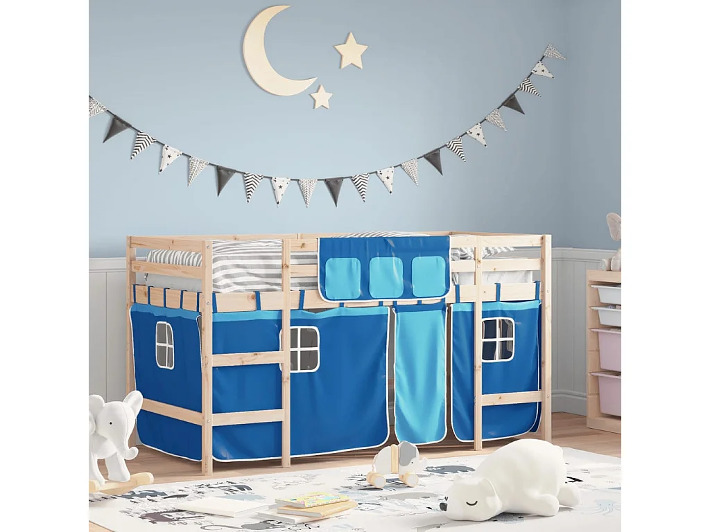 Lit simple-Lit mezzanine enfant avec rideaux sans matelas bleu 90x190 cm