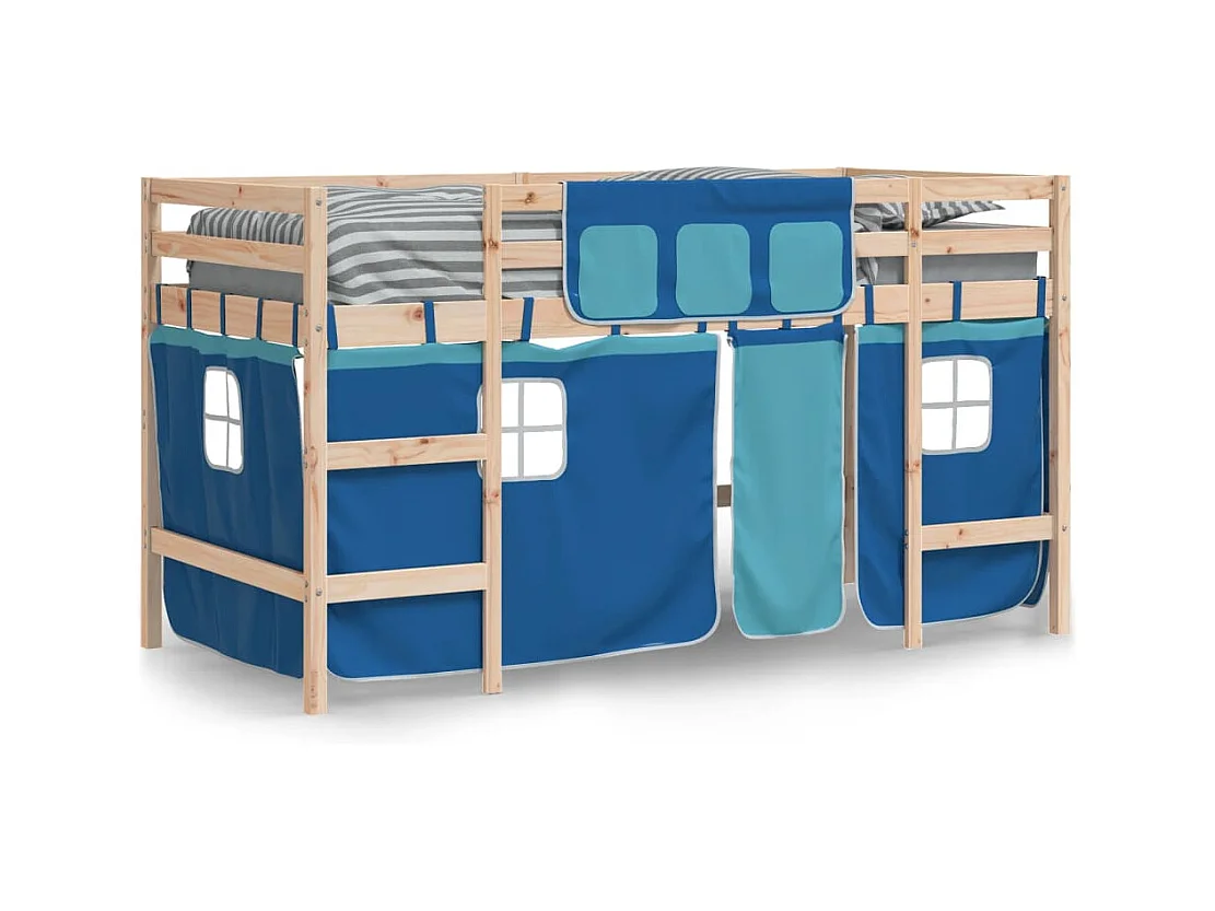 Lit simple-Lit mezzanine enfant avec rideaux sans matelas bleu 90x190 cm