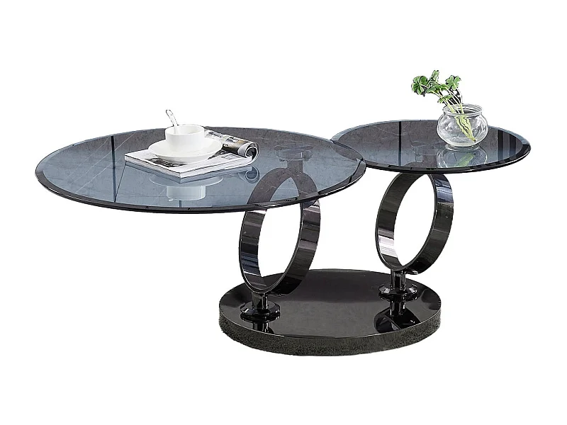 Table Basse AUTOMAT – Verre Fumé & Métal Noir – Plateau 80 cm + Rotatif 55 cm