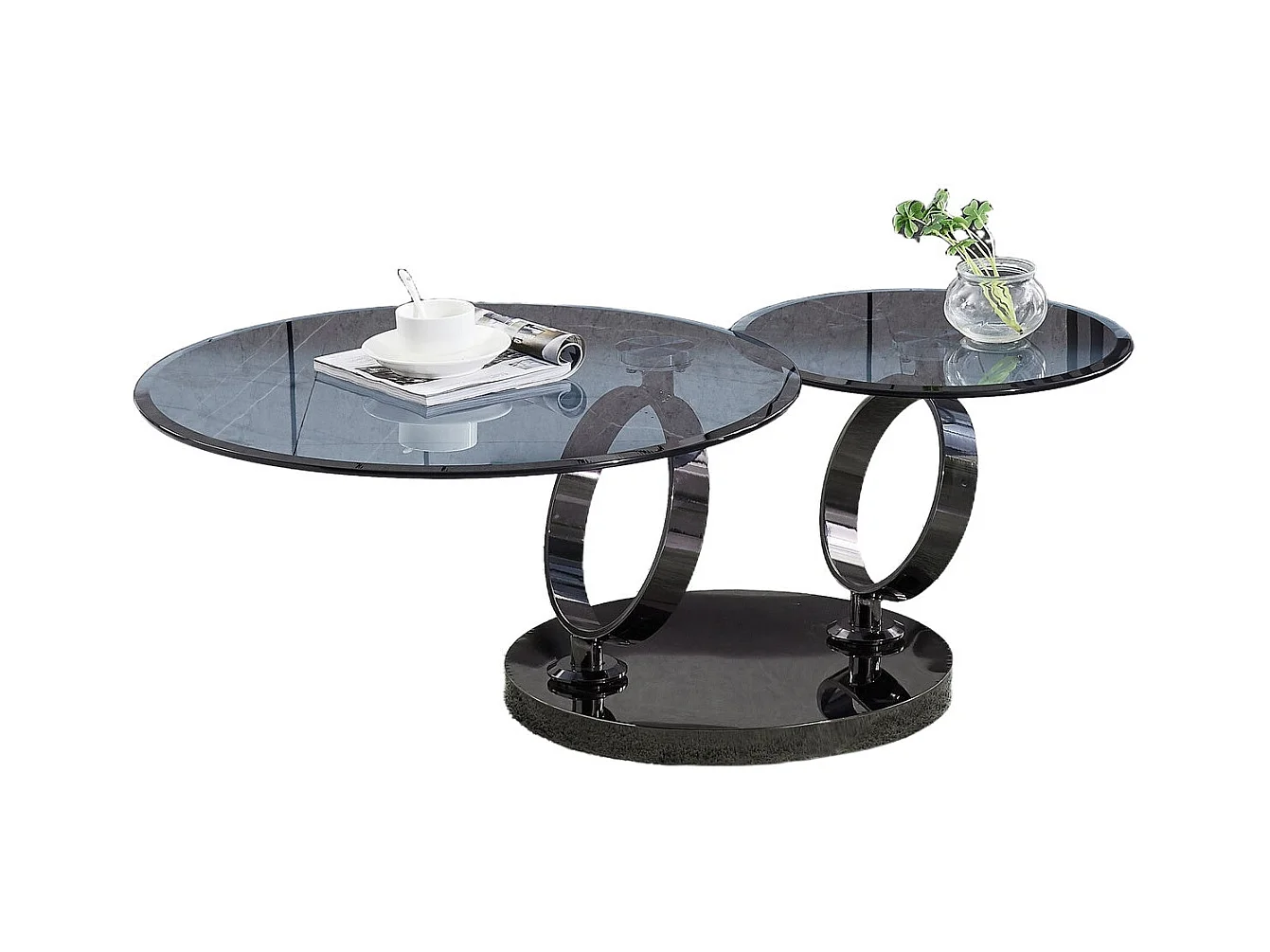 Table Basse AUTOMAT – Verre Fumé & Métal Noir – Plateau 80 cm + Rotatif 55 cm