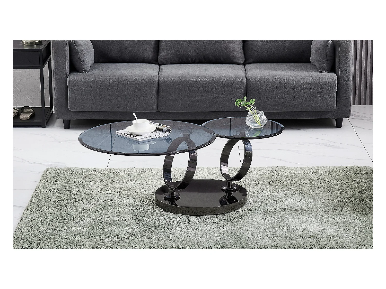 Table Basse AUTOMAT – Verre Fumé & Métal Noir – Plateau 80 cm + Rotatif 55 cm