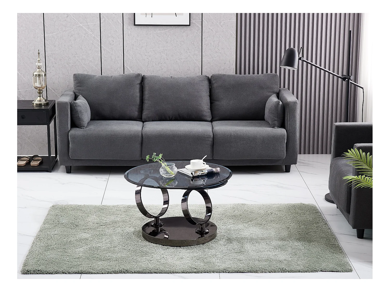 Table Basse AUTOMAT – Verre Fumé & Métal Noir – Plateau 80 cm + Rotatif 55 cm