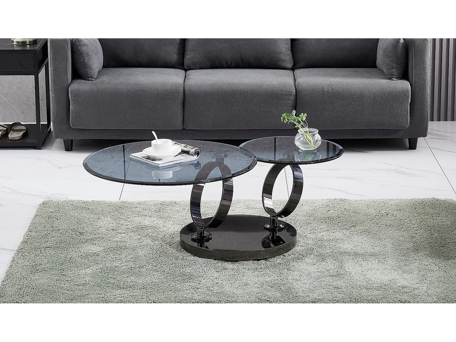 Table basse double plateau rotatif verre fumé structure métal noir Ø 80 cm