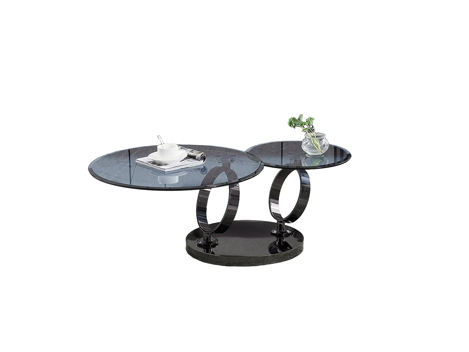 Table basse double plateau rotatif verre fumé structure métal noir Ø 80 cm