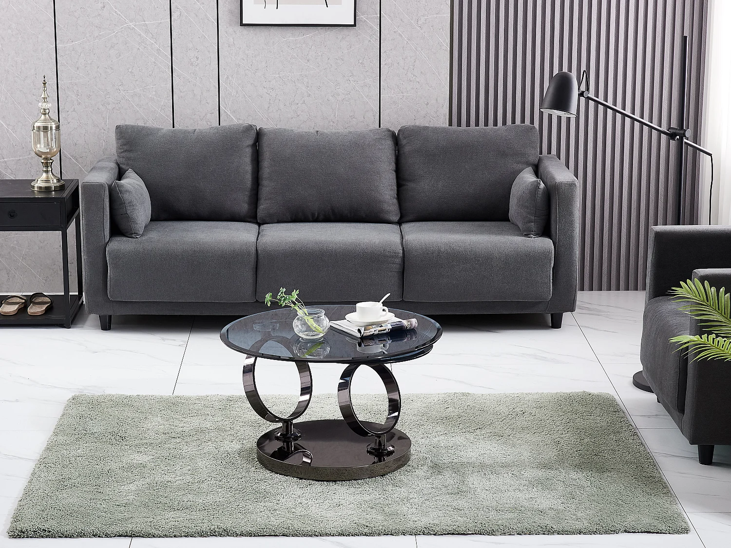 Table basse double plateau rotatif verre fumé structure métal noir Ø 80 cm