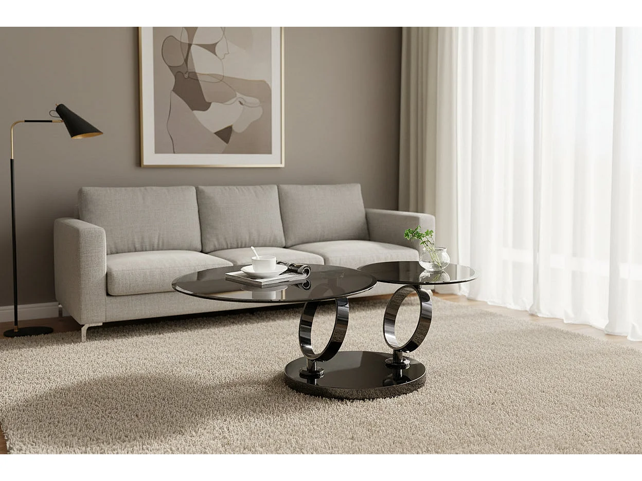 Table basse double plateau rotatif verre fumé structure métal noir Ø 80 cm