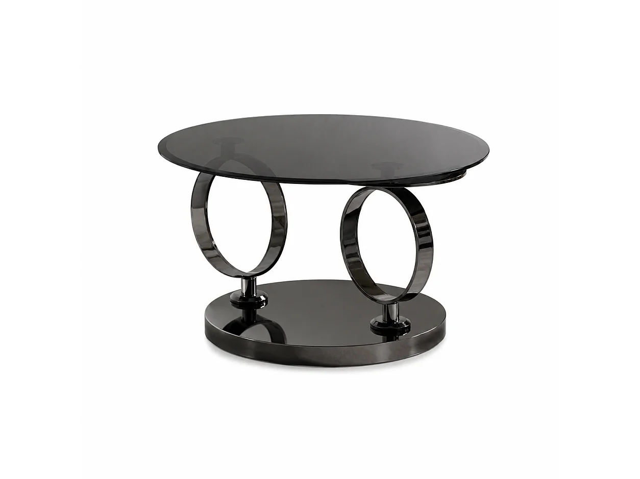 Table basse double plateau rotatif verre fumé structure métal noir Ø 80 cm