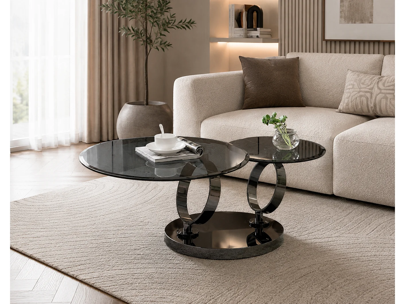 Table basse double plateau rotatif verre fumé structure métal noir Ø 80 cm