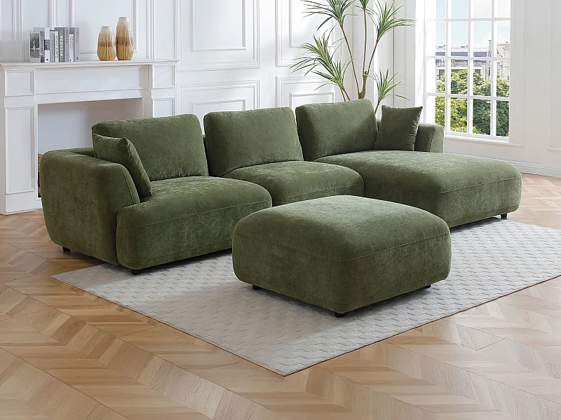 Sofá de canto direito e pufe em tecido verde TINDRALO