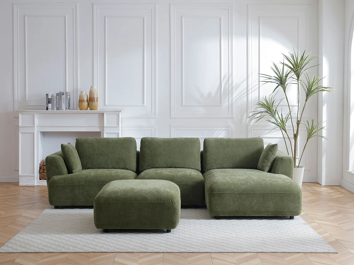 Canapé d'angle droit et pouf en tissu vert TINDRALO