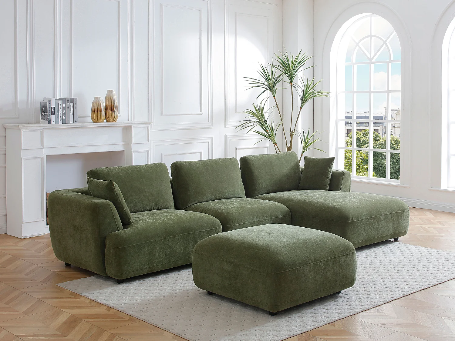 Canapé d'angle droit et pouf en tissu vert TINDRALO
