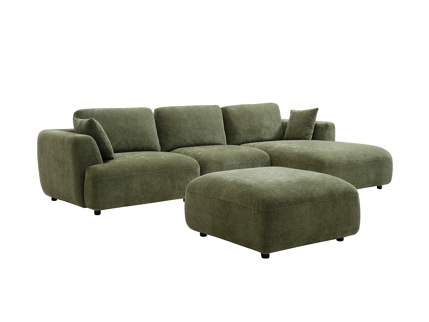 Høyrevendt hjørnesofa og puff i grønt stoff TINDRALO