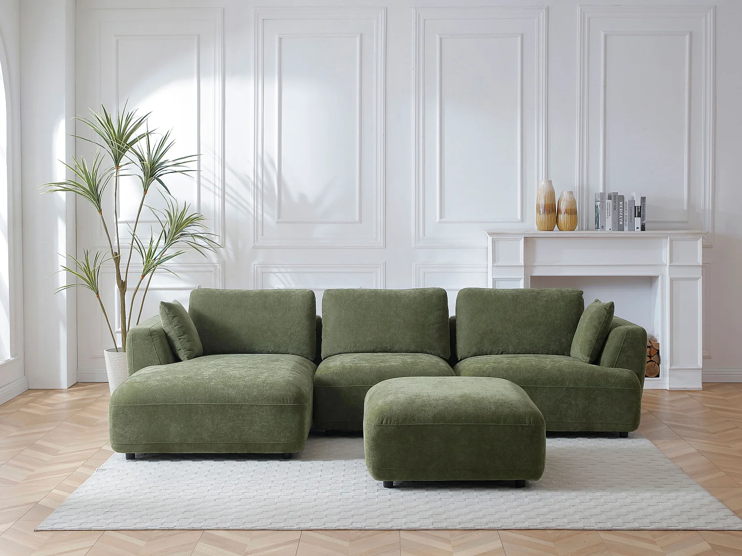 Canapé d'angle gauche et pouf en tissu vert TINDRALO