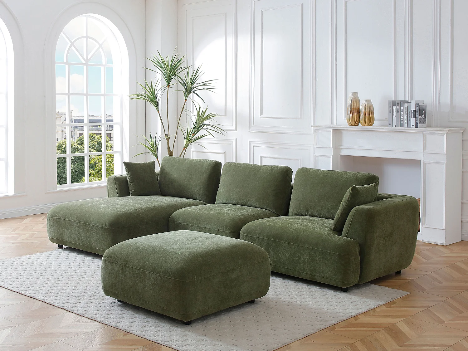 Canapé d'angle gauche et pouf en tissu vert TINDRALO