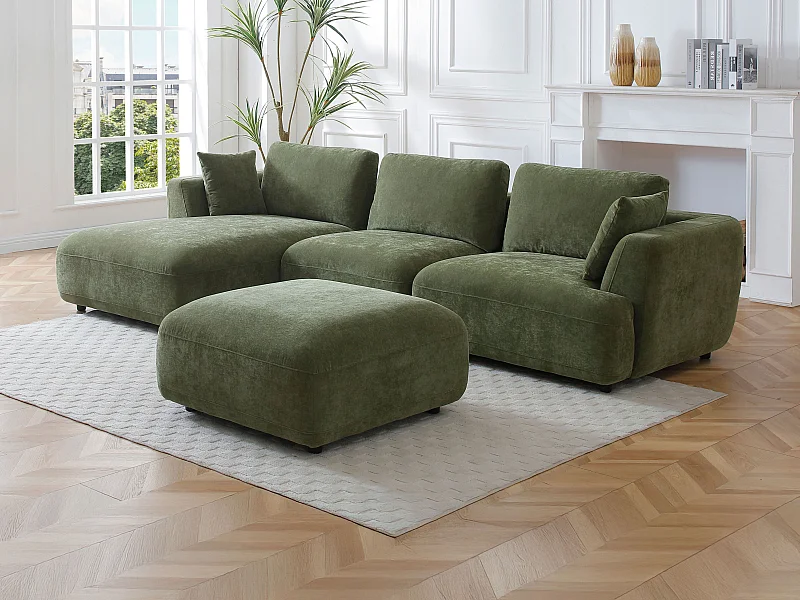 Venstre hjørnesofa og puff i grønt stoff TINDRALO