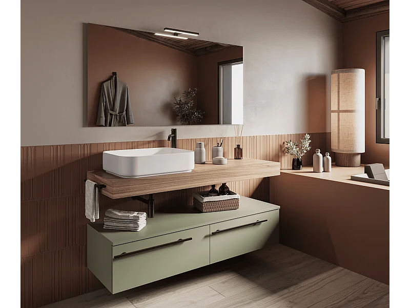 Mobile bagno Top L 140 x P 46 con lavabo in appoggio poro noce cassettiera 140 verde salvia specchio rettangolare