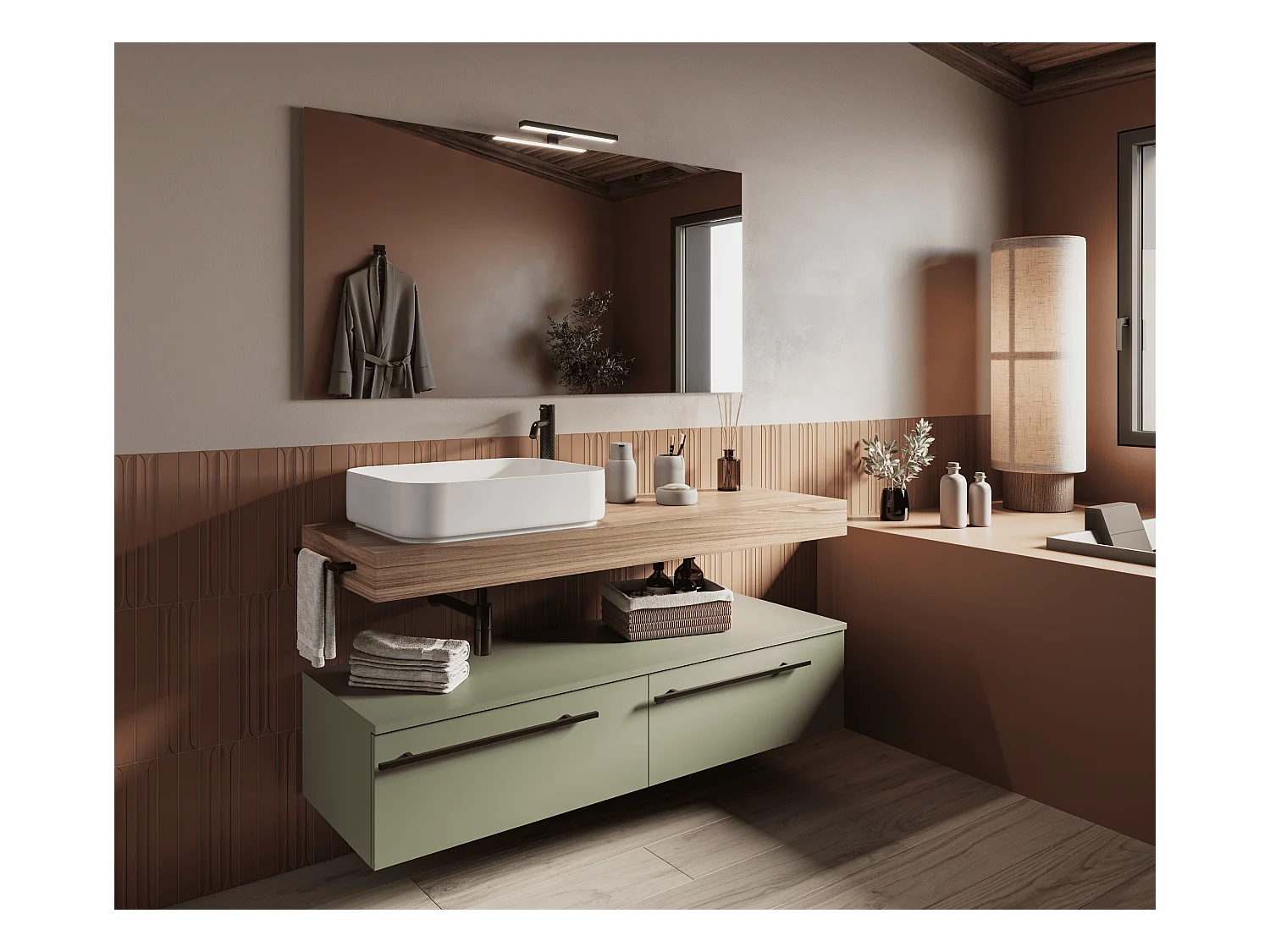 Mobile bagno Top L 140 x P 46 con lavabo in appoggio poro noce cassettiera 140 verde salvia specchio rettangolare