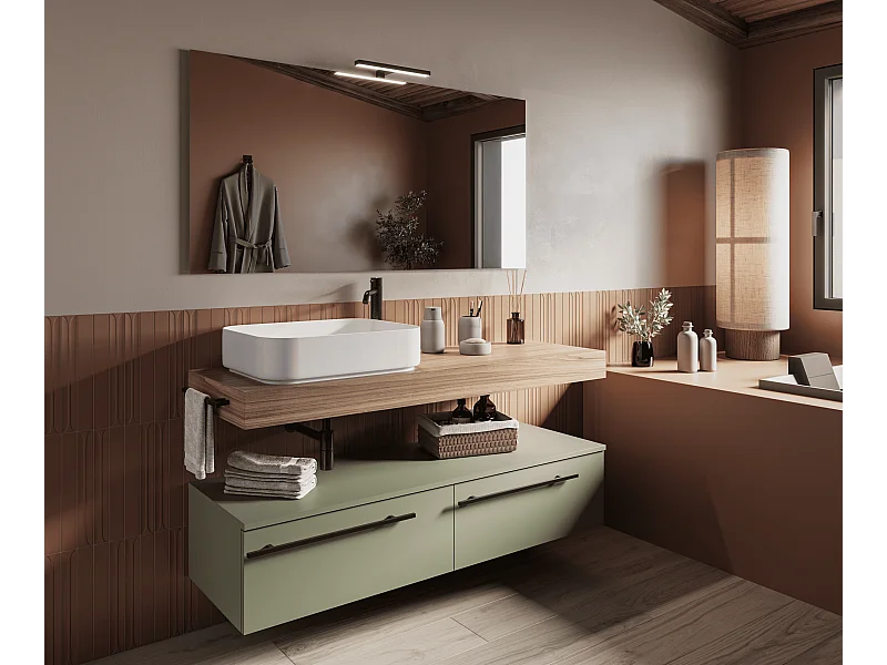 Mobile bagno Top L 140 x P 46 con lavabo in appoggio poro noce cassettiera 140 verde salvia specchio rettangolare