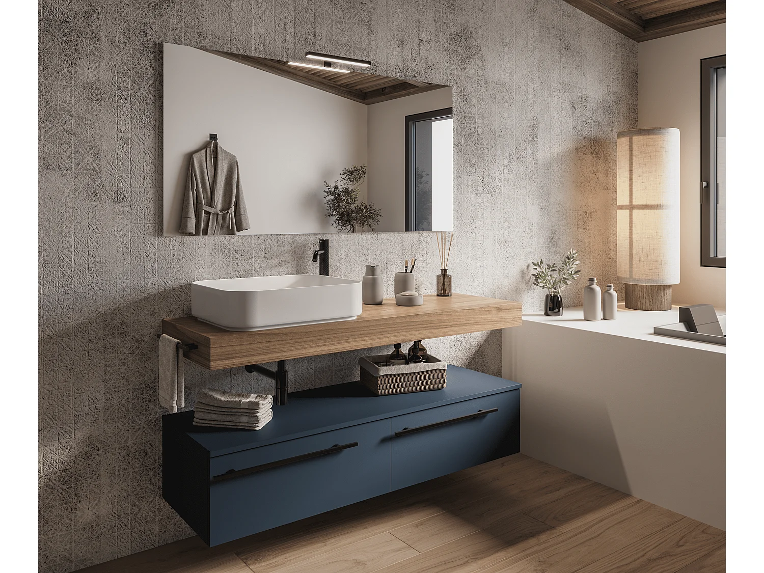 Mobile bagno Top L 140 x P 46 con lavabo in appoggio poro noce cassettiera 140 blu oceano specchio rettangolare