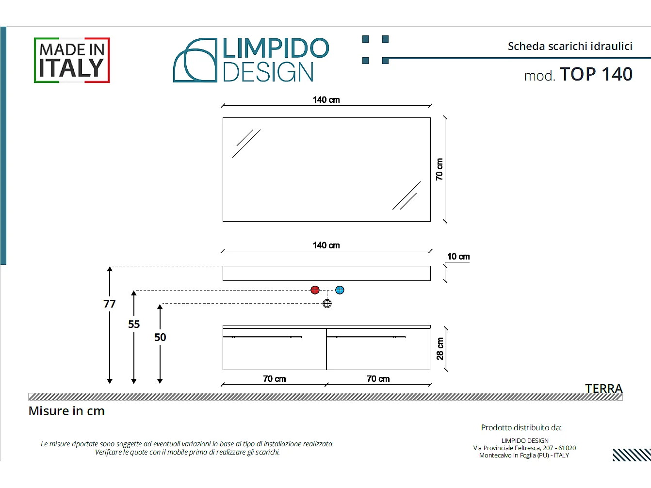Mobile bagno Top L 140 x P 46 con lavabo in appoggio poro noce cassettiera 140 blu oceano specchio rettangolare