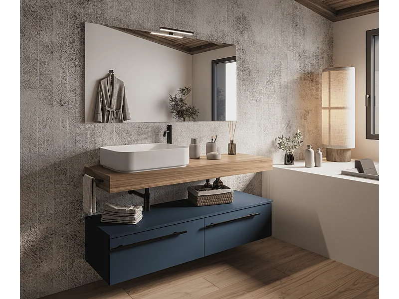 Mobile bagno Top L 140 x P 46 con lavabo in appoggio poro noce cassettiera 140 blu oceano specchio rettangolare