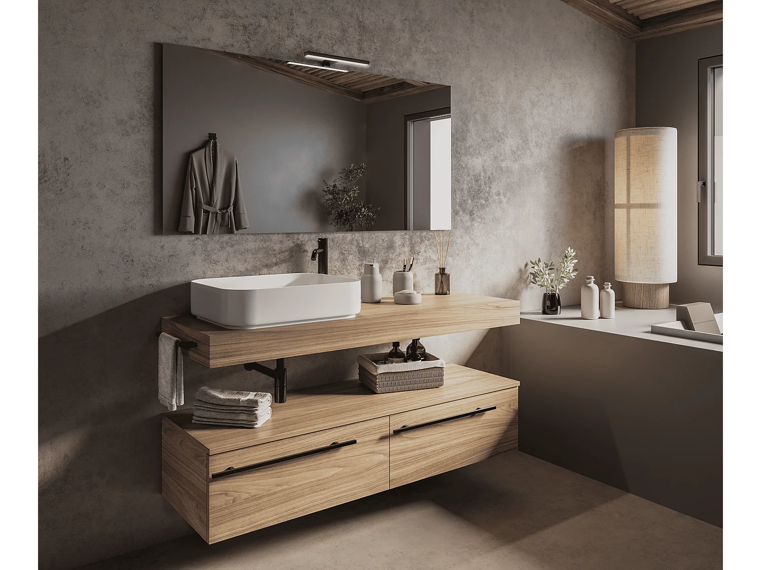 Mobile bagno Top L 140 x P 46 con lavabo in appoggio poro noce cassettiera 140 poro noce specchio rettangolare