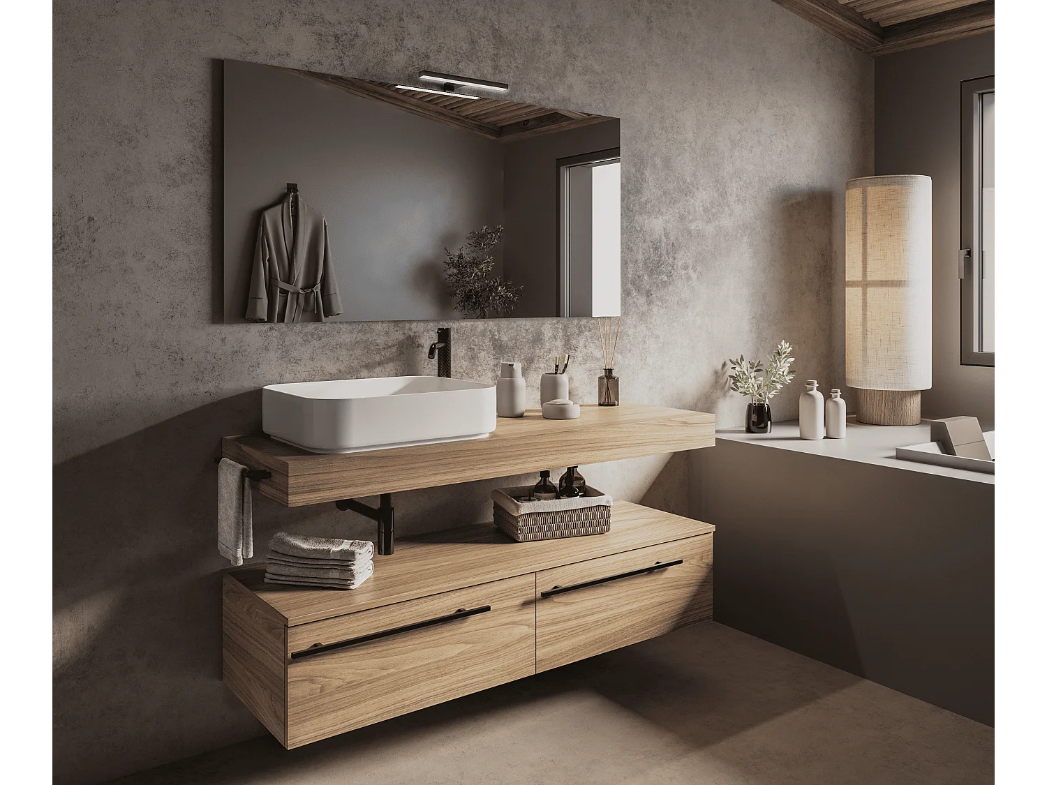 Mobile bagno Top L 140 x P 46 con lavabo in appoggio poro noce cassettiera 140 poro noce specchio rettangolare
