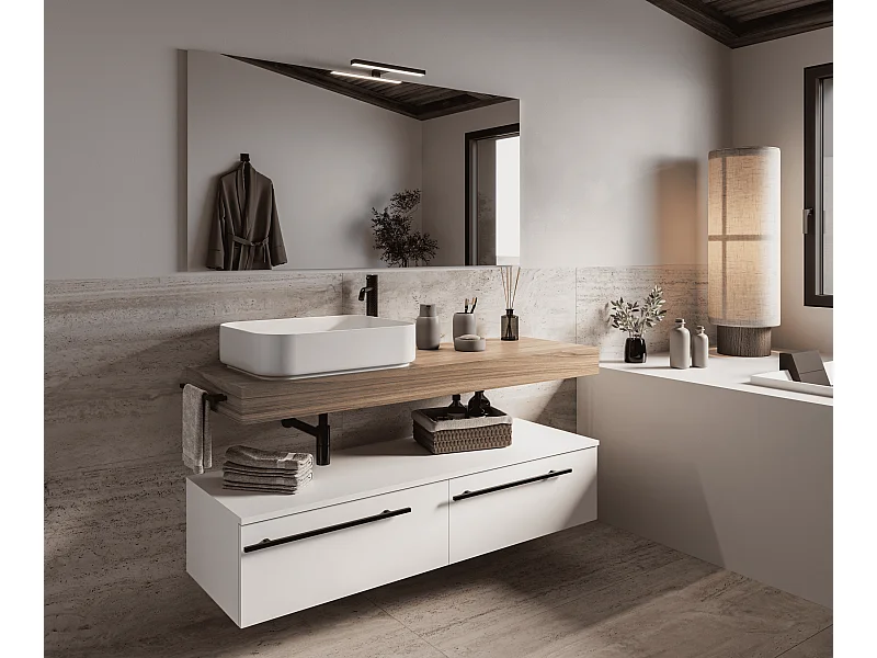 Mobile bagno Top L 140 x P 46 con lavabo in appoggio poro noce cassettiera 140 bianco luce specchio rettangolare