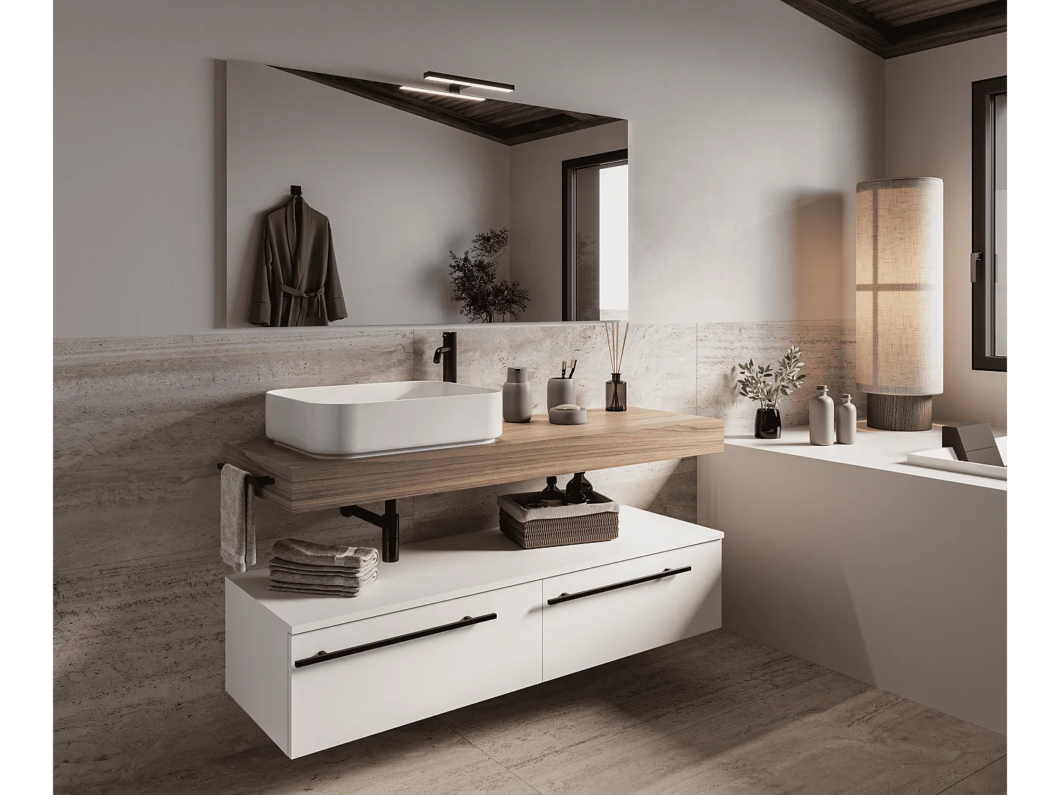 Mobile bagno Top L 140 x P 46 con lavabo in appoggio poro noce cassettiera 140 bianco luce specchio rettangolare