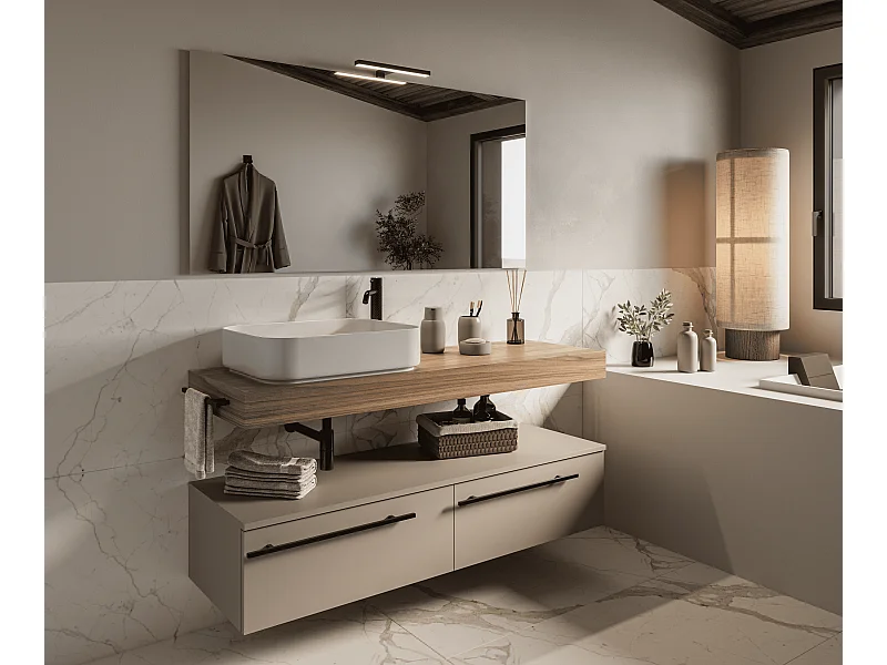 Mobile bagno Top L 140 x P 46 con lavabo in appoggio poro noce cassettiera 140 tortora milano specchio rettangolare