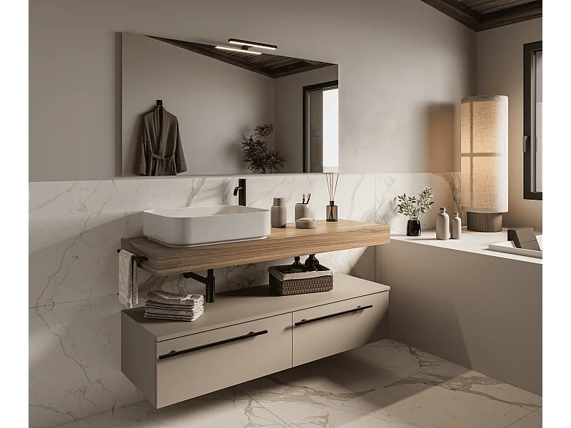 Mobile bagno Top L 140 x P 46 con lavabo in appoggio poro noce cassettiera 140 tortora milano specchio rettangolare