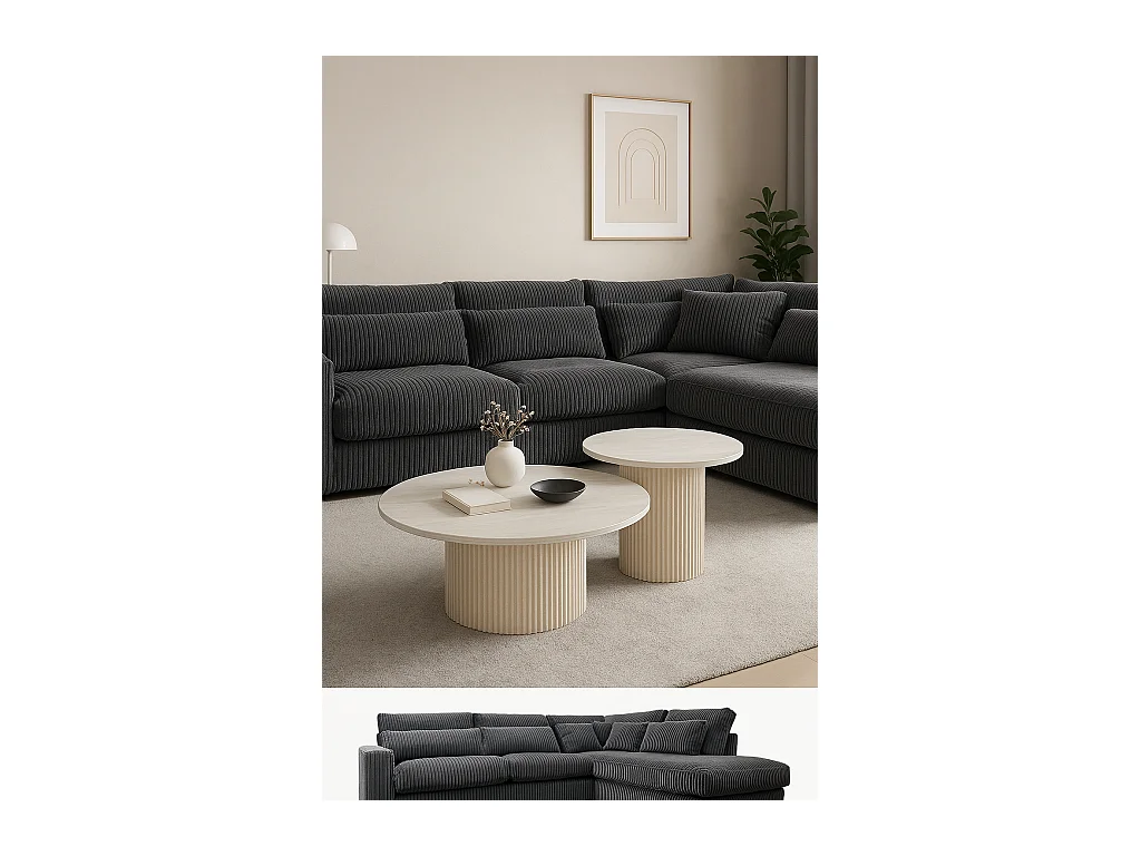 Duo de Tables Basses Gigognes MINA Effet Travertin & Plateau Céramique – 60x45 / 80x38 cm