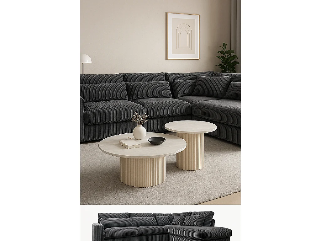 Duo de Tables Basses Gigognes MINA Effet Travertin & Plateau Céramique – 60x45 / 80x38 cm - Bois blanc