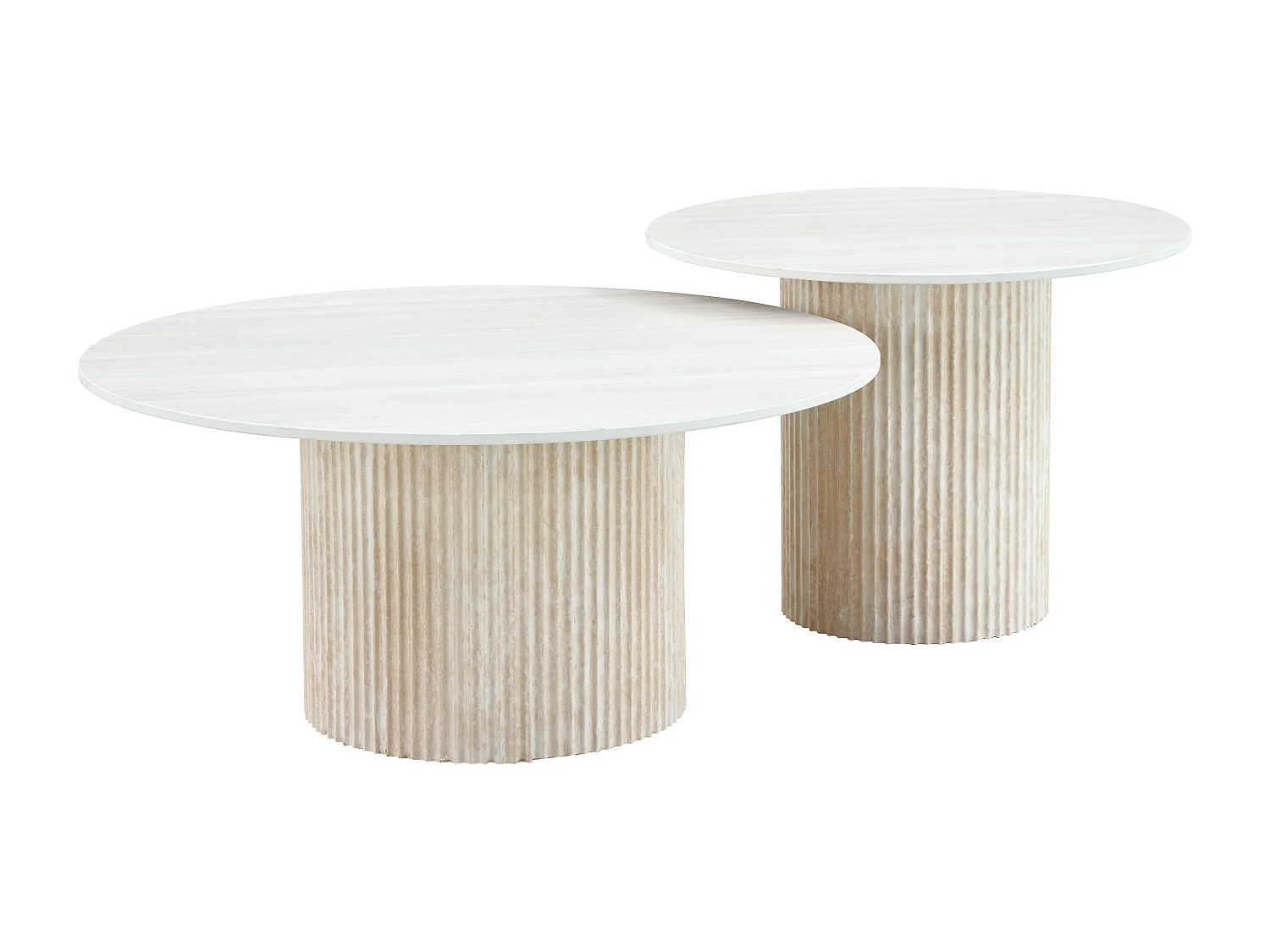 Lot 2 Tables Basses Gigognes MINA Effet Travertin Plateau Céramique Bois Blanc D80xH38cm/D60xH45cm