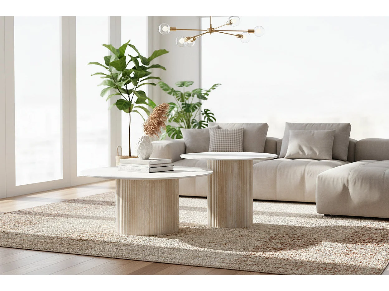 Lot 2 Tables Basses Gigognes MINA Effet Travertin Plateau Céramique Bois Blanc D80xH38cm/D60xH45cm