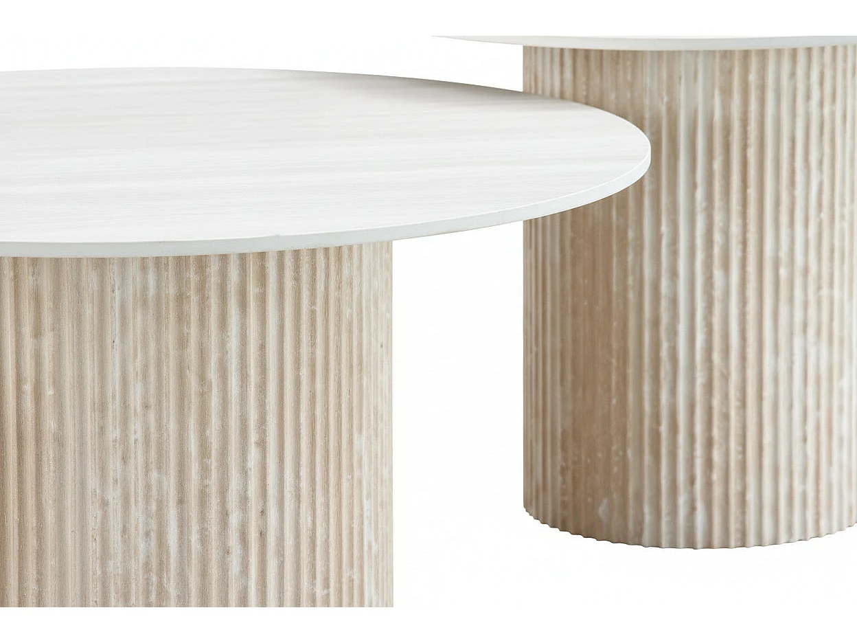 Lot 2 Tables Basses Gigognes MINA Effet Travertin Plateau Céramique Bois Blanc D80xH38cm/D60xH45cm