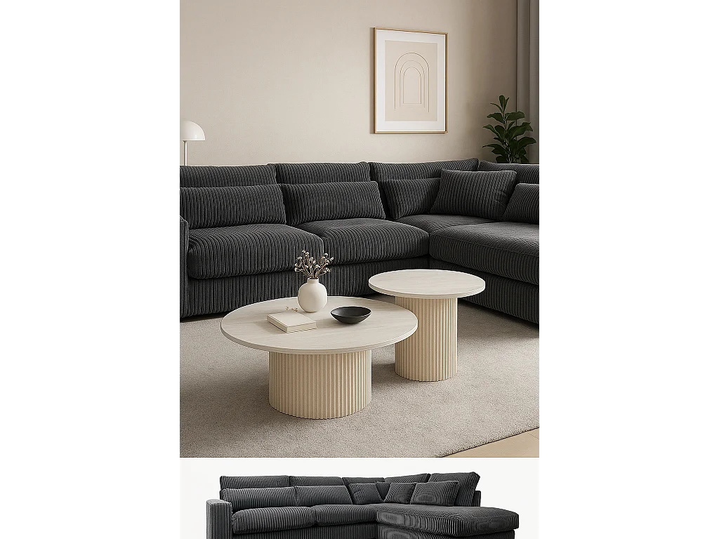 Lot 2 Tables Basses Gigognes MINA Effet Travertin Plateau Céramique Bois Blanc D80xH38cm/D60xH45cm