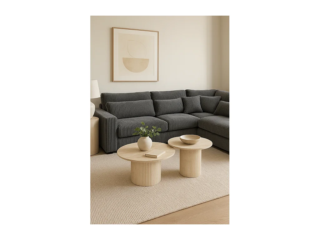 Duo de Tables Basses Gigognes MINA Effet Travertin & Plateau Céramique – 60x45 / 80x38 cm